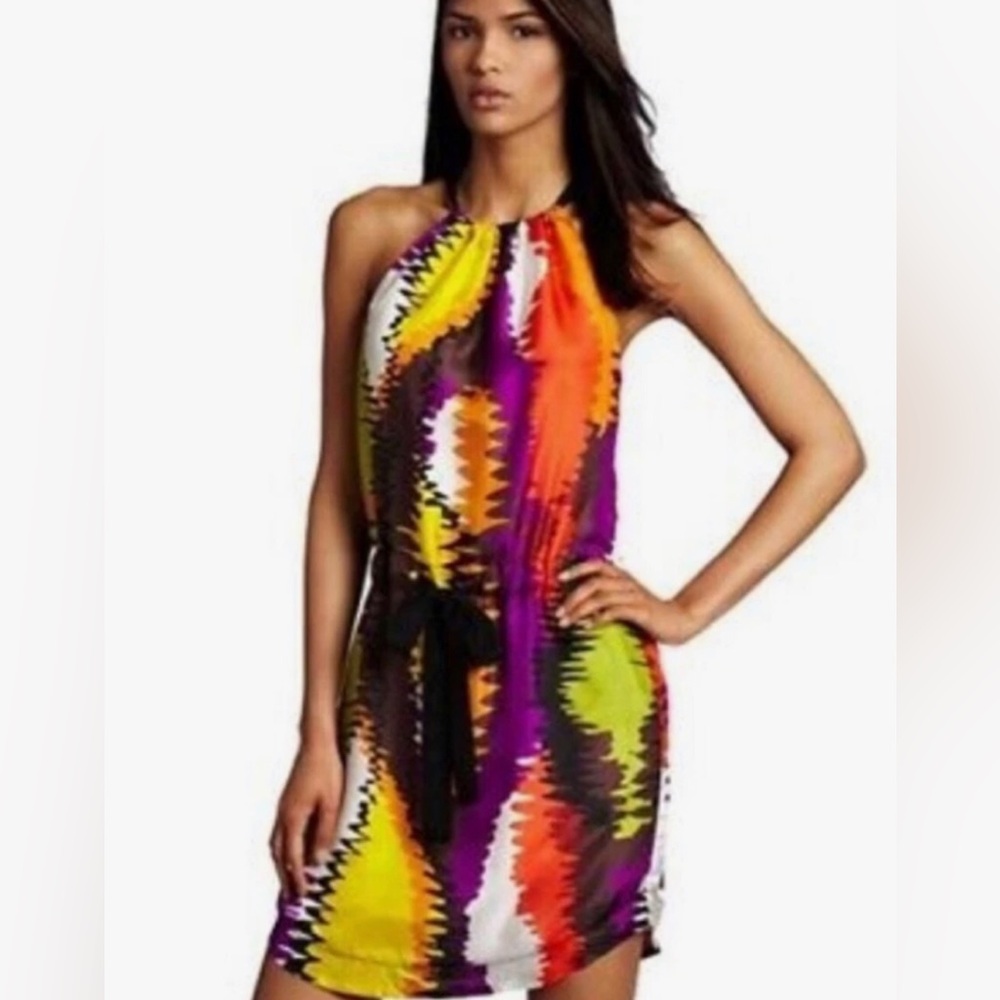 Trina Turk Halter Wavelengths colorful Tie Dye Belt Sleeveless Silk Mini Dress 8